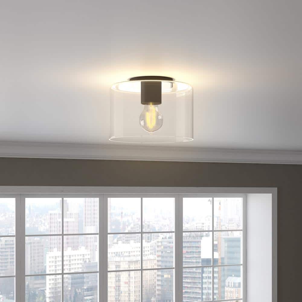 Matte Black and Glass Drum Ceiling Light