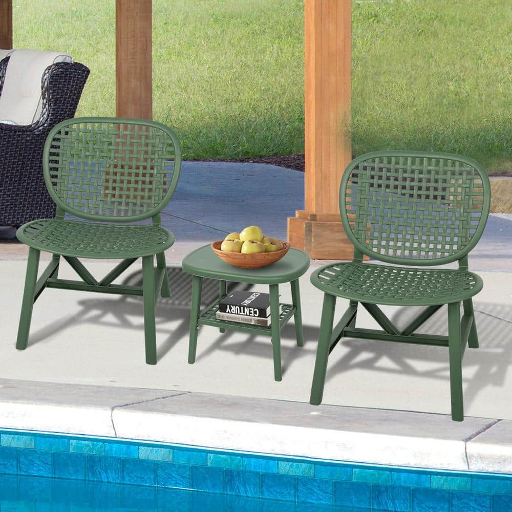 Green 3 Piece Hollow Design Plastic Patio Conversation Bistro Set with Open Shelf and Lounge Chairs with Widened Seat ML W69167232 The Home Depot