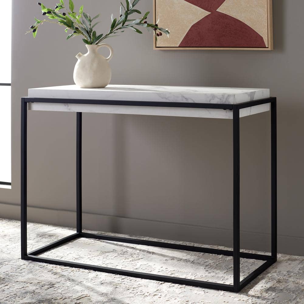 Edgefield White Faux Marble and Black Metal Console Table