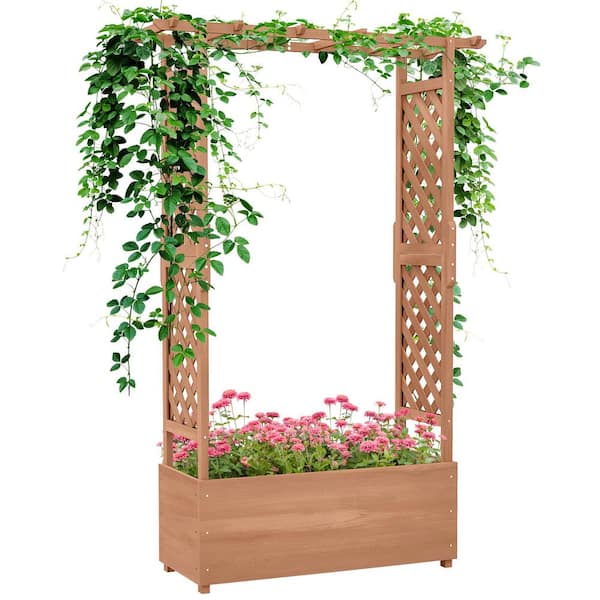 Raised Garden Bed with Arch Trellis, Outdoor Wood Planter for Climbing Plants and Hanging Flowers, Drainage Hole, Brown