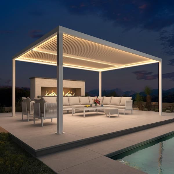 12 ft. x 16 ft. White Aluminum Frame Outdoor Louvered Pergola Gazebo with Adjustable Sunshade Roofs and LED Strip Lights