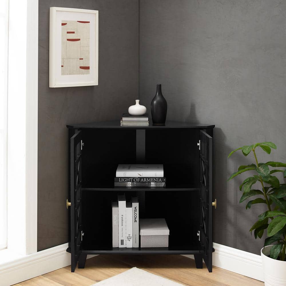 Black MDF Corner Accent Cabinet with Adjustable Shelving