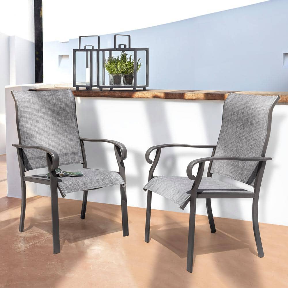 Light Gray Textilene and Iron Outdoor Dining Chairs, Set of 2
