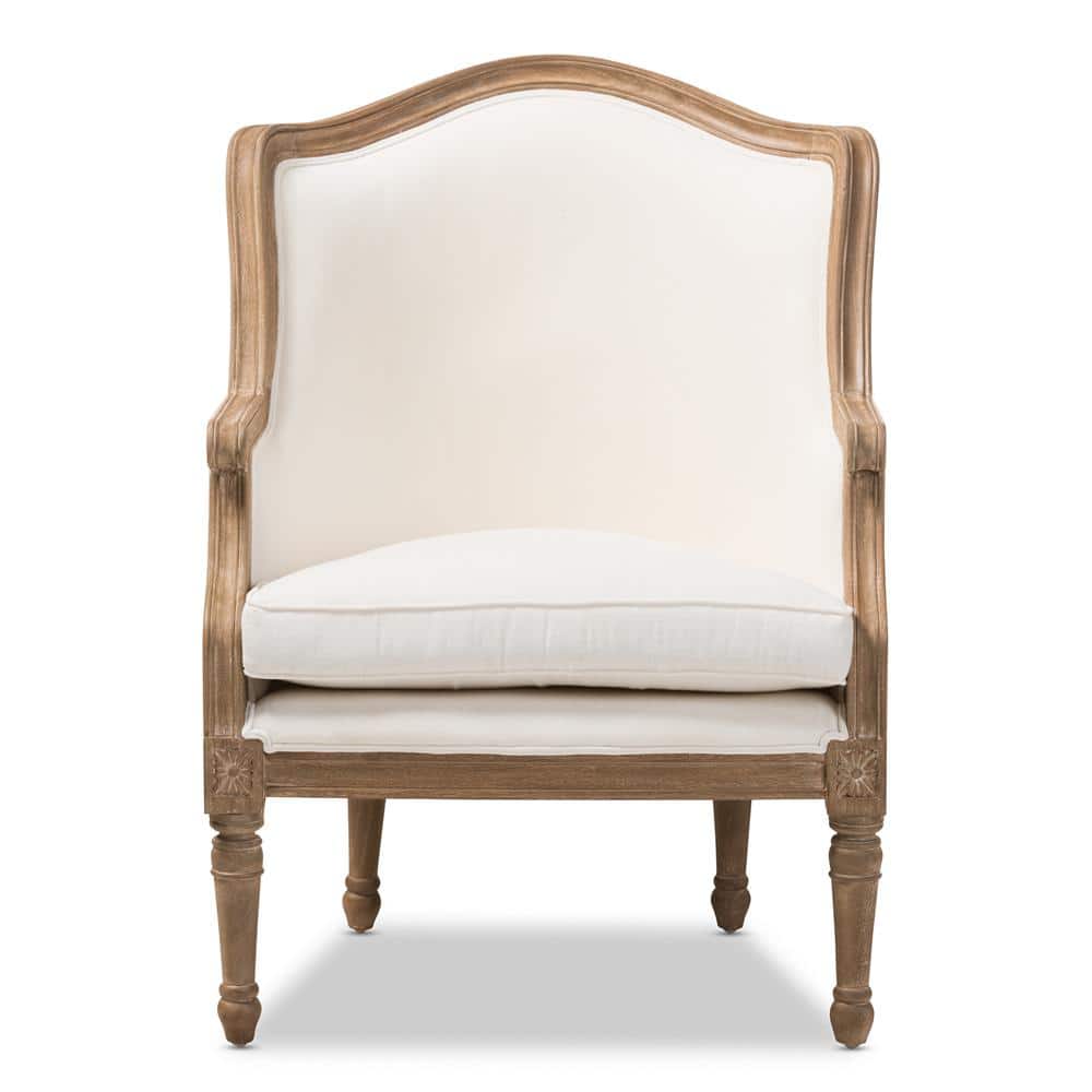 Charlemagne Distressed Brown Oak Wood French Accent Chair with Beige Cotton
