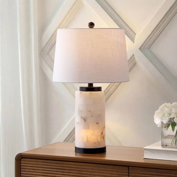 Eliza 25.5 in. Contemporary Modern Alabaster Column LED Table Lamp with Nightlight Base, White/Black