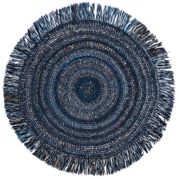 Renewal 3 ft. x 3 ft. Navy/Beige Woven Fringe Round Area Rug