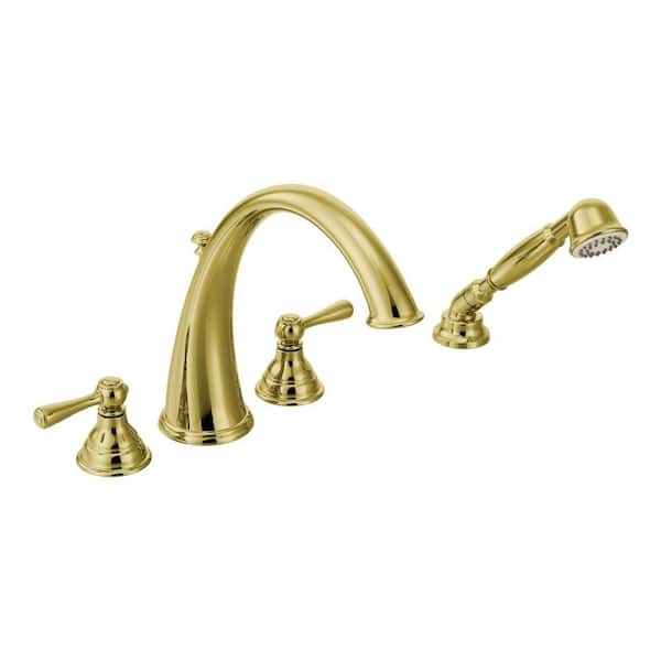 MOEN Kingsley 2-Handle Deck-Mount High Arc Roman Tub Faucet Trim Kit with Handshower in Polished Brass (Valve Not Included)