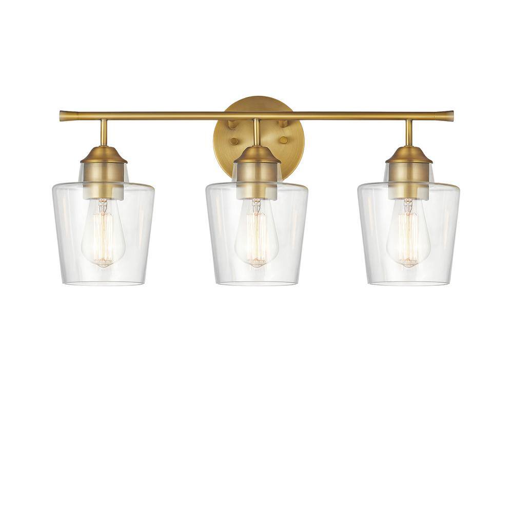 Antique Brass 3-Light Dimmable Bathroom Vanity Light with Clear Glass Shades