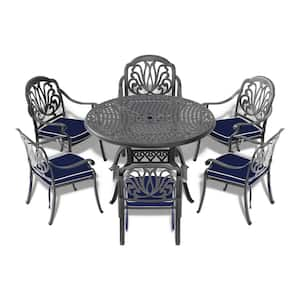 7-Piece Set Of Cast Aluminum Patio Outdoor Dining Set with Random Colors Cushions and Black Frame