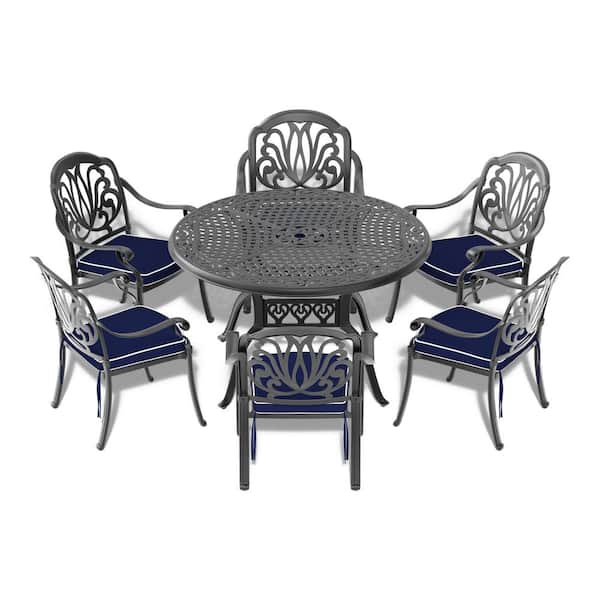 Runesay 7-Piece Set Of Cast Aluminum Patio Outdoor Dining Set with Random Colors Cushions and Black Frame