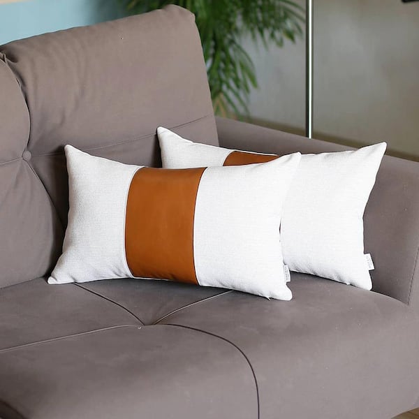 Mike&Co. New York Bohemian Handmade Decorative Single Throw Pillow Vegan Faux Leather Solid for Couch, Bedding - Brown - 12 x 20 in