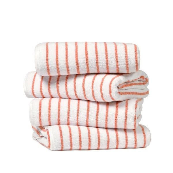4-Piece 100% Cotton Coral Striped Cabana Beach Towel Set