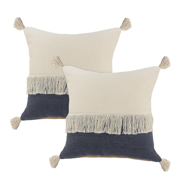 LR Home Larry Distressed Blue Color Block 100% Cotton 20 in. x 20 in. Throw Pillow (Set of 2)