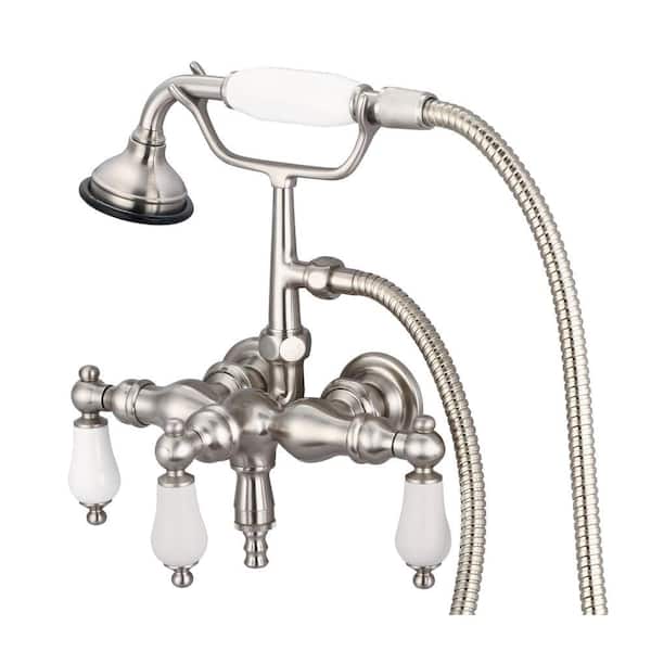 Water Creation 3-Handle Vintage Claw Foot Tub Faucet with Hand Shower and Porcelain Lever Handles in Brushed Nickel