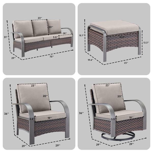7-Piece Brown Wicker Patio Conversation Set with Beige Olefin Cushions and Swivel Glider Chairs/Ottomans/Couch