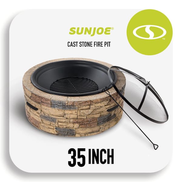 Sun Joe 35 in. x 20.5 in. Round Cast Stone Wood Burning Fire Pit, Natural Stone