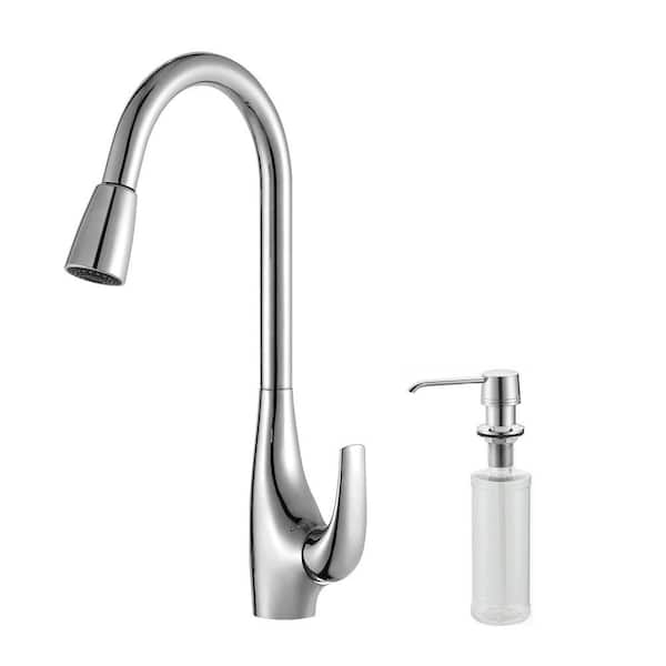 KRAUS Single-Handle High Arc Pull-Down Kitchen Faucet with Dual-Function Sprayer with Soap Dispenser in Chrome