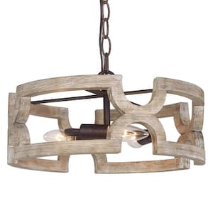 3-Light Distressed Wood Farmhouse Chandelier and Aged Iron Metal Chandelier for Dining Room, Kitchen and Bedroom