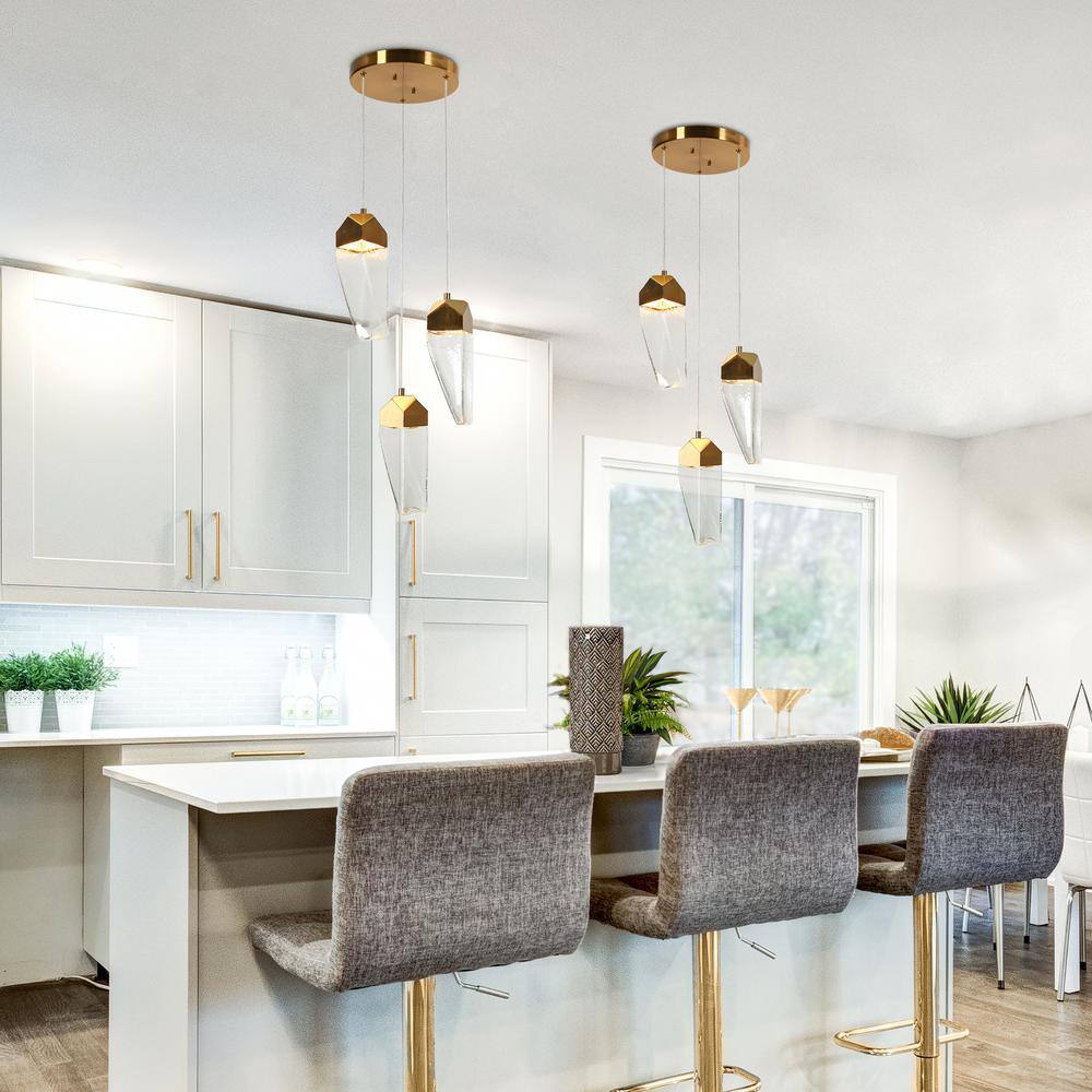 Polished Gold Brass and Crystal 3-Light LED Pendant Chandelier