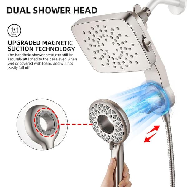 Magnetic 5-Spray Wall Mount Dual Shower Head and Handheld Shower Head with 70 in. Hose 1.8 GPM in Brushed Nickel