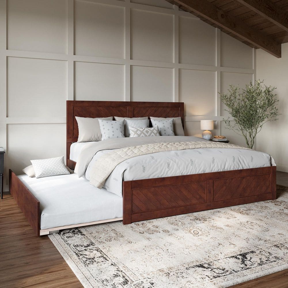 Canyon Walnut Brown Solid Wood King Platform Bed Frame with Matching Footboard and Twin XL Trundle