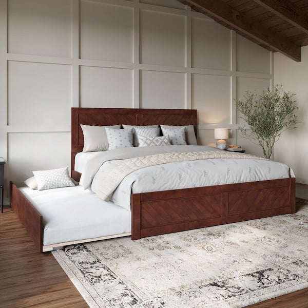 Canyon Walnut Brown Solid Wood King Platform Bed with Matching Footboard and Twin XL Trundle