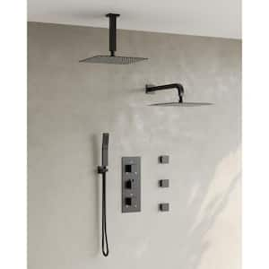 15-Spray Patterns 16 and 6 in. Square Dual Shower Head Ceiling Mount Fixed and Handheld Shower Head in Brushed Gold