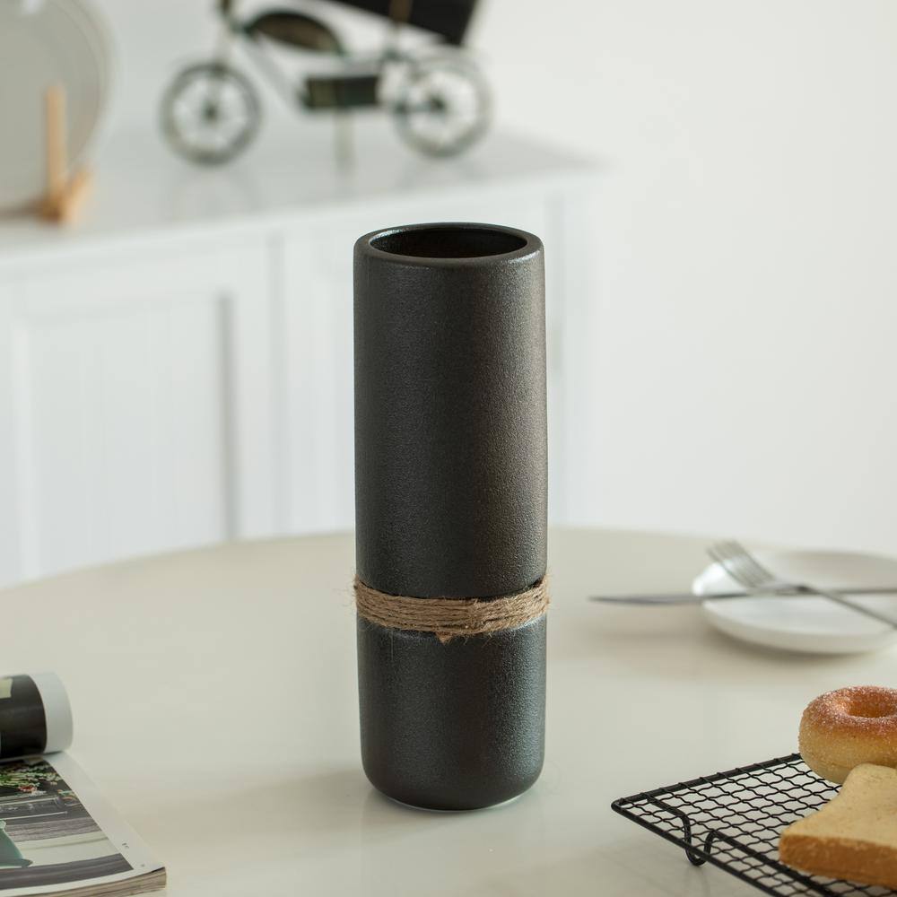 Elegant Cylinder Ceramic Table Vase in Black with Decorative Rope