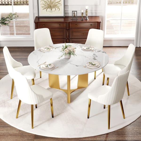 Magic Home 59.05 in. Ink Sintered Stone Tabletop with Gold Pedestal Base Dining Table (Seats-8)