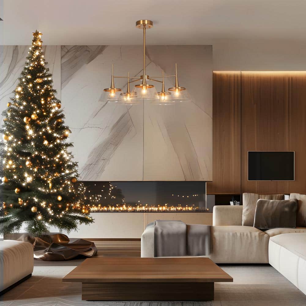 Gold and Clear Glass 5-Light Modern Chandelier