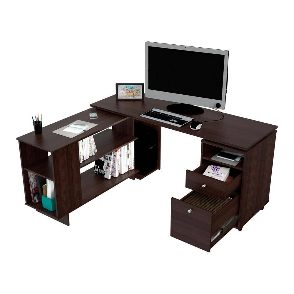 Espresso L-Shaped Corner Computer Desk with Filing Cabinet