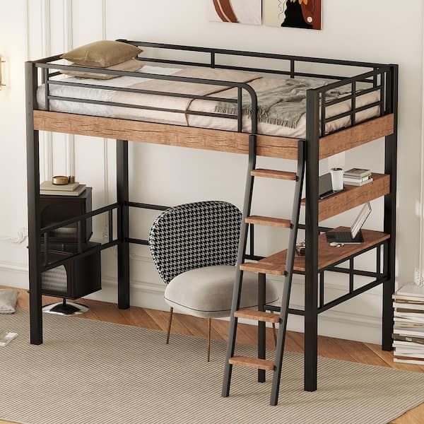 Harper & Bright Designs Black and Brown Twin Size Metal Loft Bed with Built-in Wood Desk, Storage Shelf and Sloping Ladder