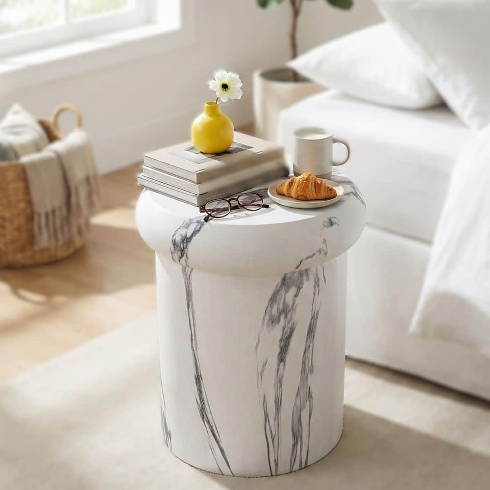 Ashbury Modern Patio White Marble Travertine Finish Round MGO(Stone) Indoor and Outdoor Side End Table price history on PriceWatchPro