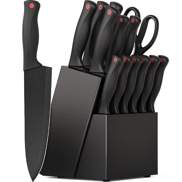 Numhew 15-Piece Stainless Steel Knife Set with Knife Block and Built-in Sharpener, Black