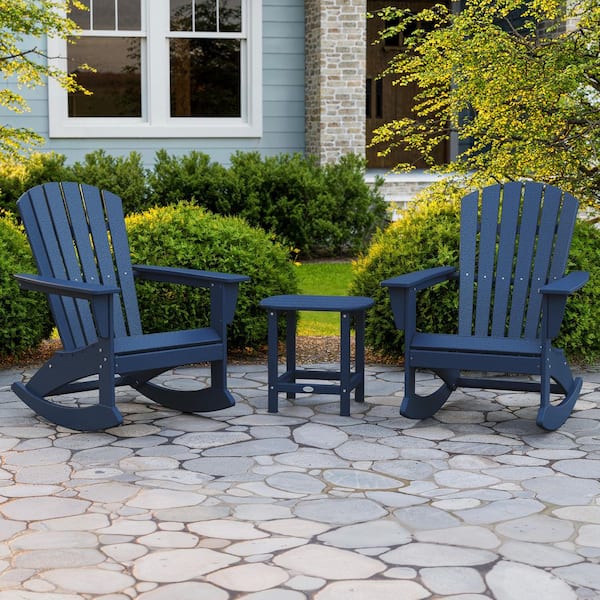 POLYWOOD Grant Park Navy 3-Piece HDPE Plastic Adirondack Outdoor Rocking Chair Patio Conversation Set