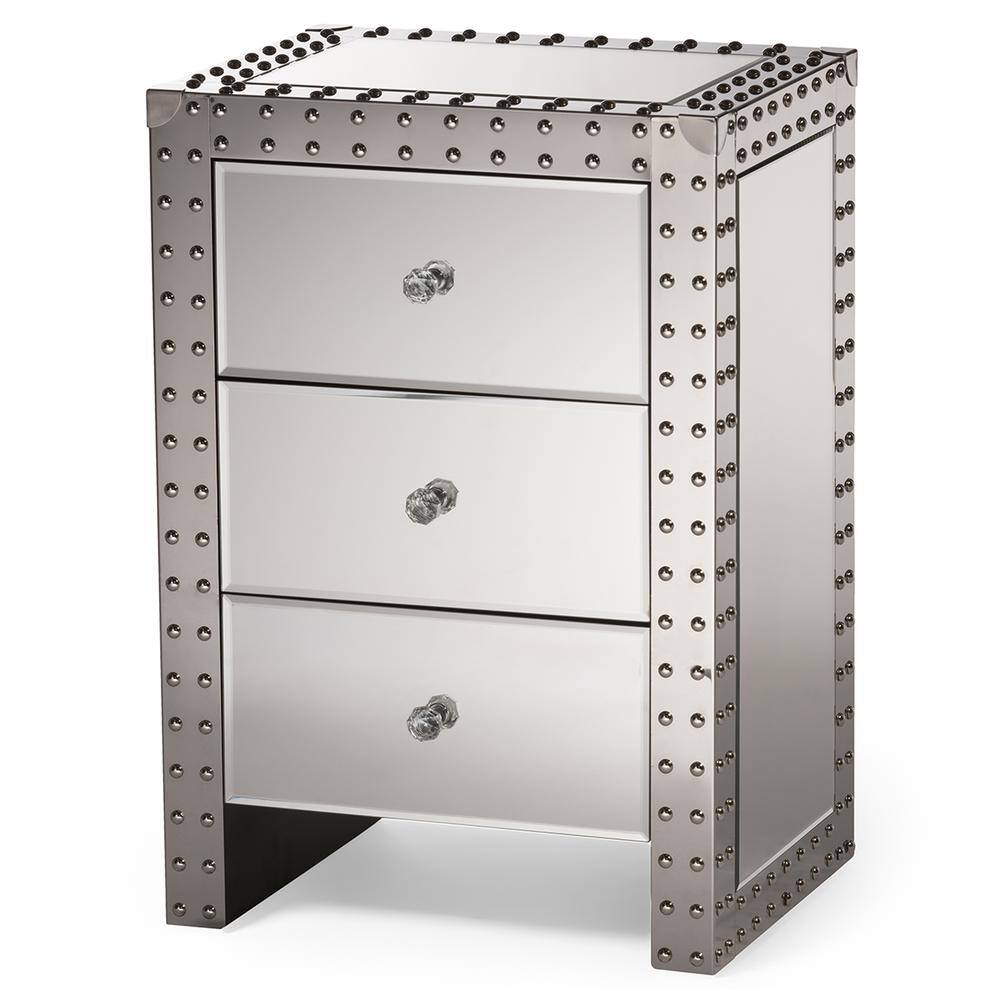 Azura Silver Mirrored 3-Drawer Nightstand with Nailhead Trim