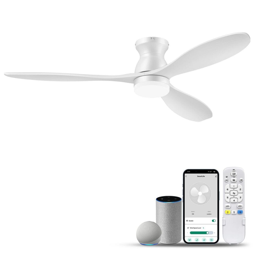 52 in. Smart Standard Indoor Outdoor White Flush Mount Ceiling Fans w/ Lights and Remote/Alexa,Dimmable, 6-Speeds, Quiet
