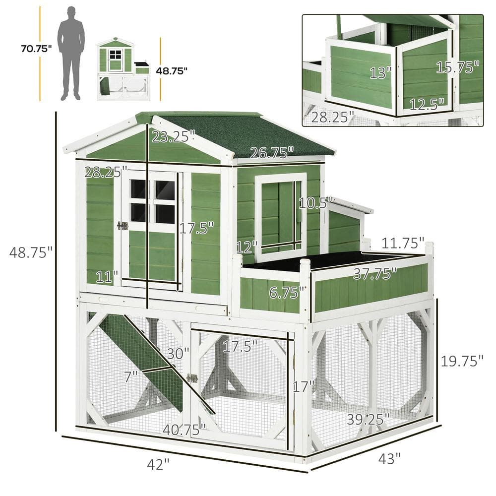 Green and White Wooden Chicken Coop with Planter Box