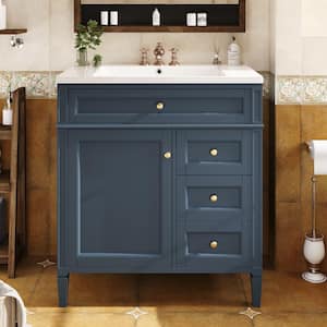 30 in. W x 18 in. D x 33 in. H Single Sink Freestanding Bath Vanity in Blue with White Engineered Marble Top