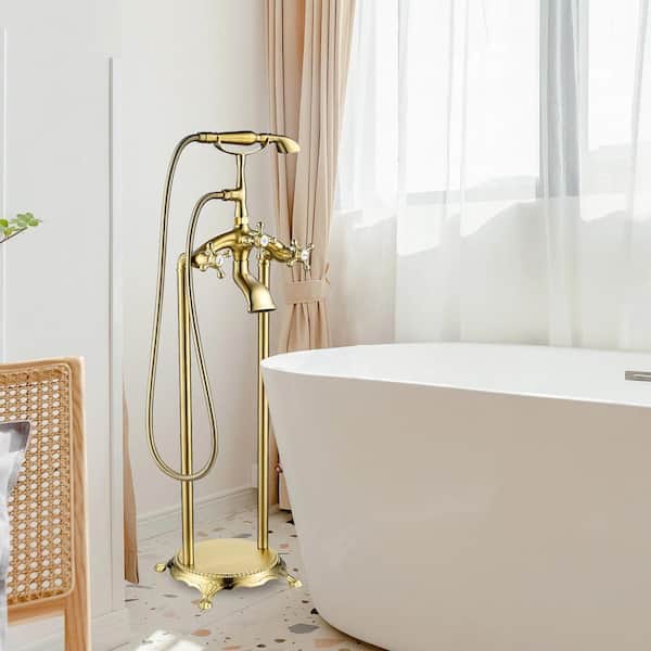Satico 3-Handle Freestanding Floor Mount Faucet Claw Foot Tub Faucet with Hand Shower in Titanium Golden
