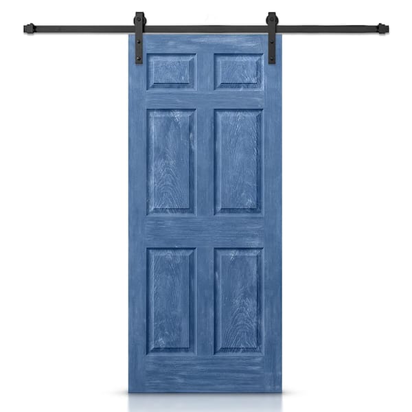 CALHOME 30 in. x 80 in. Vintage Blue Stain Composite MDF 6 Panel Interior Sliding Barn Door with Hardware Kit