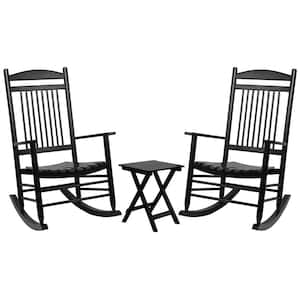 Black 3-Pieces Wooden Patio Outdoor Rocking Chair Set