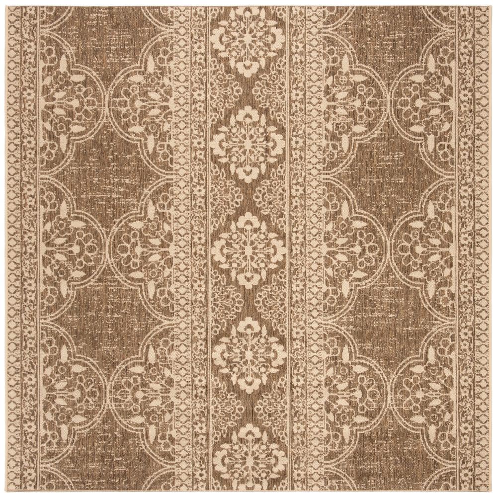 Cream and Beige Geometric Synthetic 4' Square Area Rug