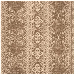 Beach House Cream/Beige 4 ft. x 4 ft. Damask Floral Indoor/Outdoor Patio  Square Area Rug