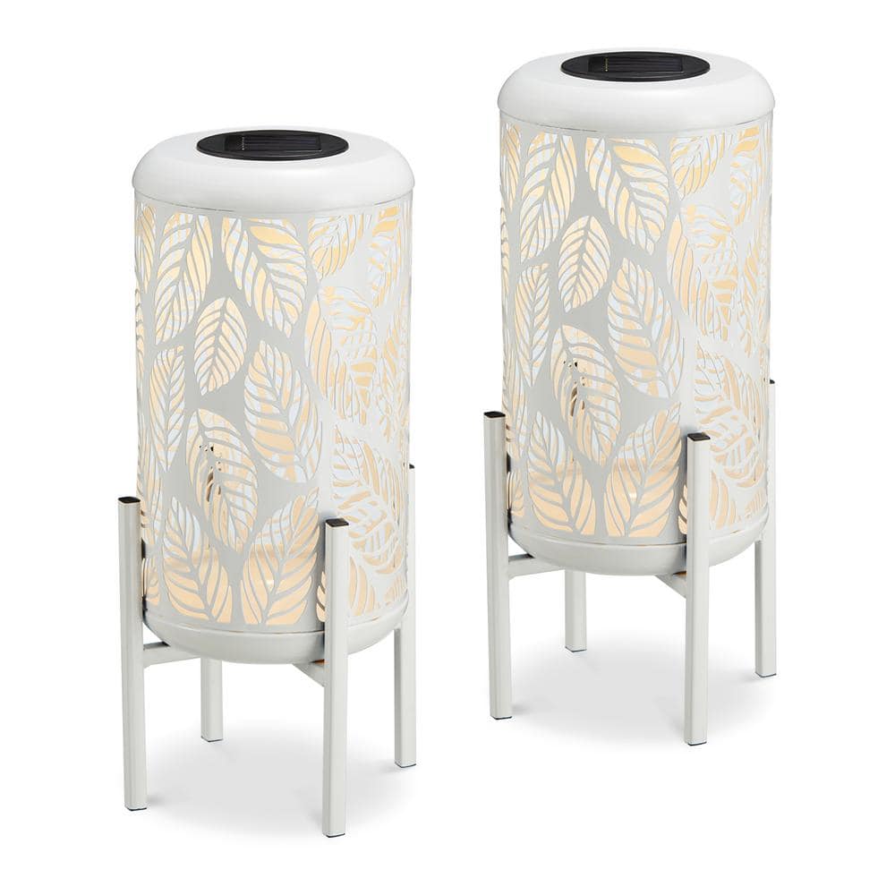 14.2 in. H White Metal Cutout Leaves Pattern Solar Powered LED Outdoor Lantern with Stand (set of 2) price history on PriceWatchPro
