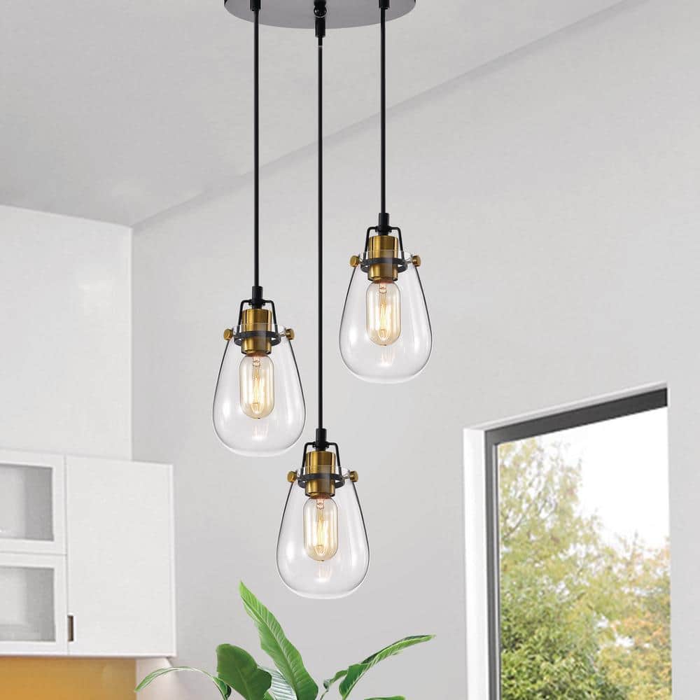 Modern Black and Gold 3-Light Pendant with Clear Glass Shades
