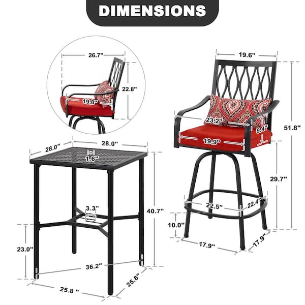 Black 3-Piece Metal Outdoor Bistro Swivel Bar Set with Red Cushions and Umbrella Hole, Square-to-Round Footrest Design