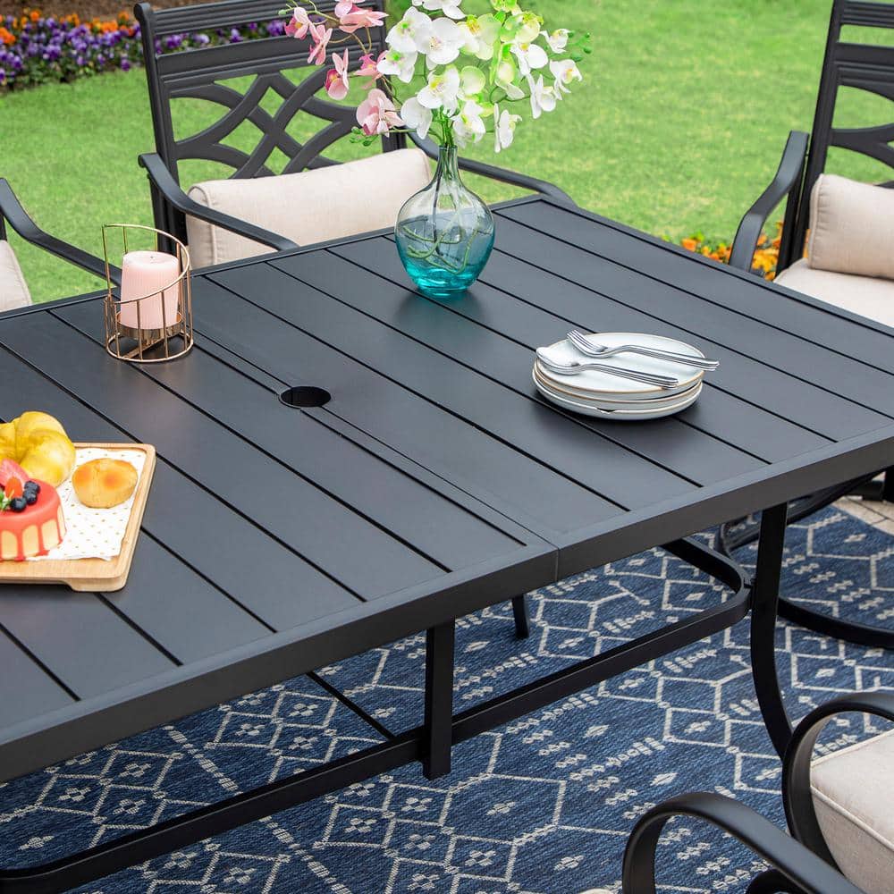 7-Piece Black Steel Patio Dining Set with Beige Cushions