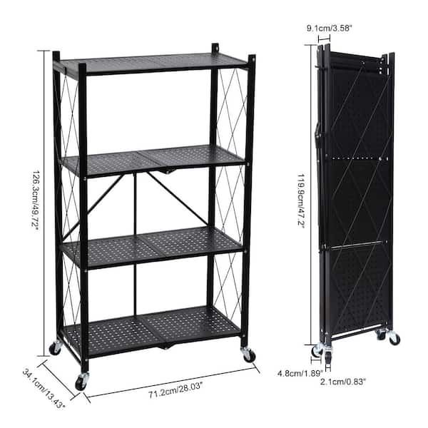 COOKCOK 4-Tier Storage Shelving Unit, Metal Shelf, Foldable Storage Shelf  with Wheels, 27.9x13.4x49.72 Garage Shelf, Metal Storage Rack, Kitchen