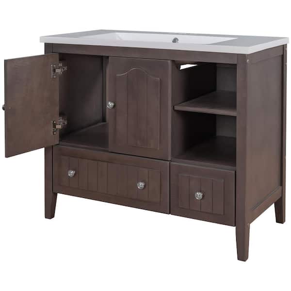 FORCLOVER 36 in. W x 18. in D. x 32 in. H Solid Frame Bath Vanity in Brown with White Ceramic Top and Basin